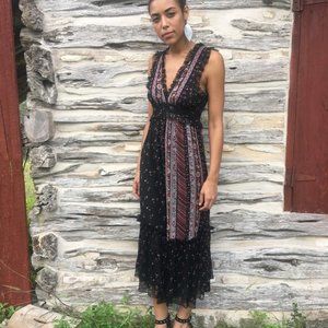 Ruffle Chiffon Dress With Floral Print, Black